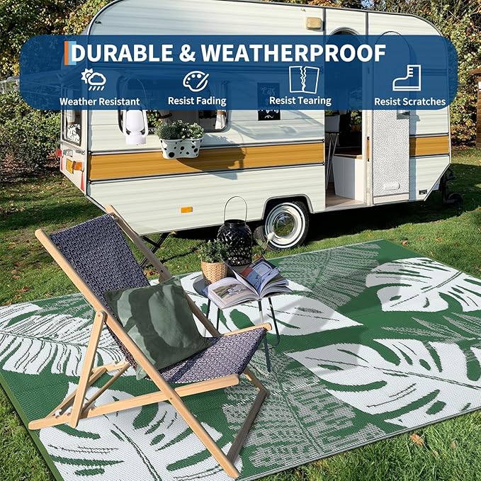 GAOMON Outdoor Rugs 9x18 Waterproof Patio Rug Outdoor Plastic Straw Rug Reversible Camping Mat, Portable RV Picnic Carpet with Bag & 4 Stakes, UV Resistant Outside Carpet for Deck Balcony, Green