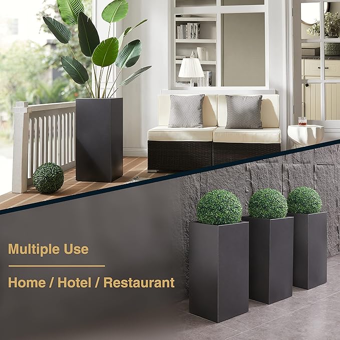 Metallic Heavy Tall Outdoor/Indoor Planter Box, Rectangular, 14Lx14Wx30H Inches, ‎25LBS/PC, Dark Gray, No Assembly Required and Seamless, Set of 2