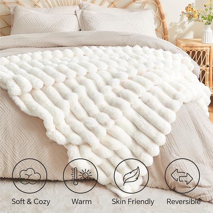 BEDELITE Faux Fur Throw Blanket for Couch, Soft and Cozy Luxurious 3D Striped Fluffy Blanket, 770GSM Thick Warm Plush Fuzzy Faux Rabbit Fur Blanket for Women Gift (Cream, 60"x 80")