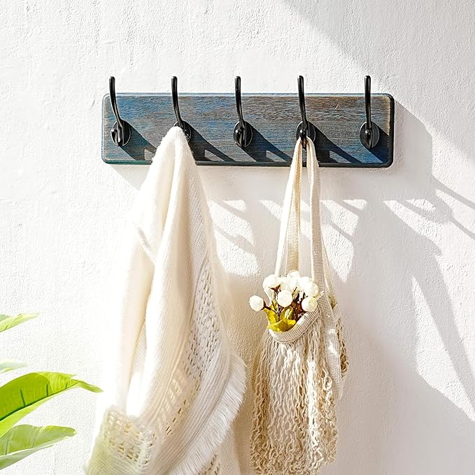 Dseap Coat Rack Wall: Patented, Heavy-Duty, 5-Double-Hooks Wooden Wall Mounted Coat Rack Coat Hanger Hook Rail for Winter Coats Hat Jacket Clothing, Weathered Blue