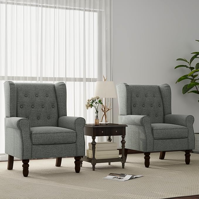 Accent Chair, Upholstered Armchair with Button Tufted High Back & Solid Wood Legs, Comfy Wingback Reading Single Sofa Chair for Small Spaces, Living Room, Bedroom (Grey, Set of 1)