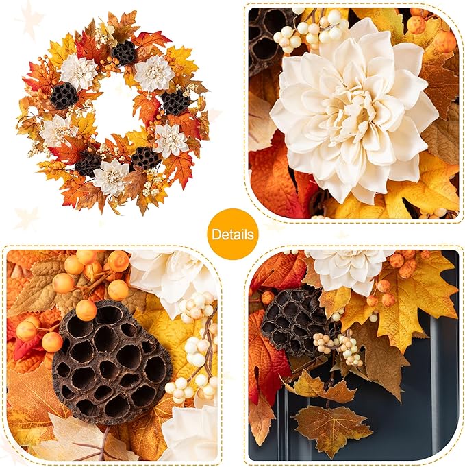 Glitzhome 24" D Fall Sorghum Wreath with Metal Hanger, Harvest Wreath for Front Door, Fall Door Wreaths for Indoor Outdoor Thanksgiving Harvest Holiday Decorations