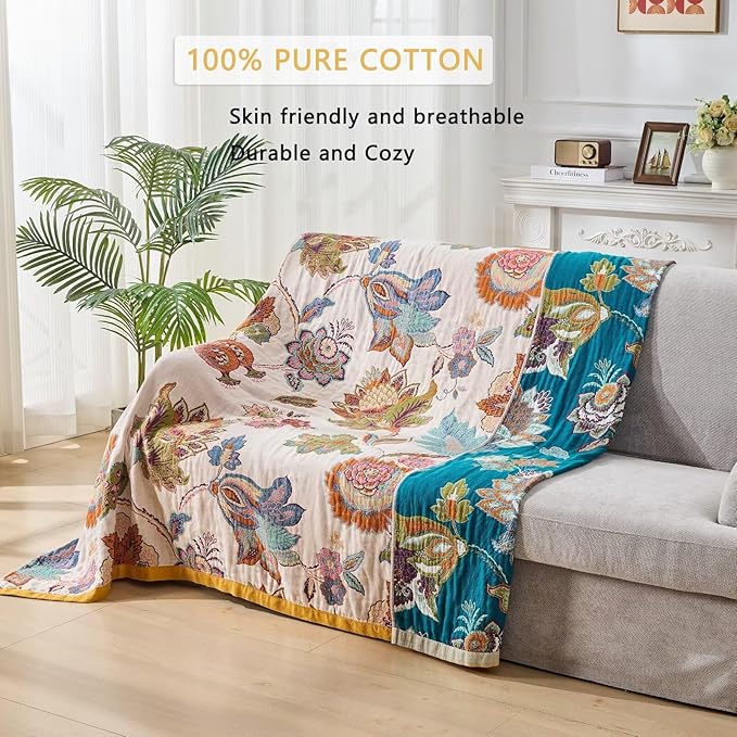 Boho Throw Blanket Reversible Muslin Bohemian Tapestry, Flower Decorated Bohemian Sofa Blanket, Lightweight Breathable 100% Cotton Throw Blanket, Chair Blanket, 50"x60"