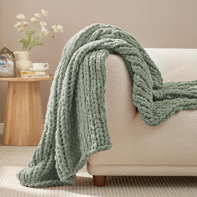 Amélie Home Chunky Knit Throw Blanket for Couch, Soft Chenille Crochet Blanket for Sofa, 50"x60", Sage Green