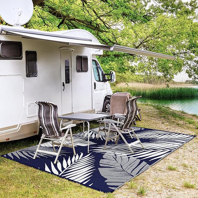 GENIMO Outdoor Rug 9' x 12' Waterproof for Patios Clearance, Reversible Outdoor Plastic Straw Camping Rug Carpet, Large Area Rugs Mats for RV, Camper, Deck, Balcony, Porch, Beach, Navy Blue&White