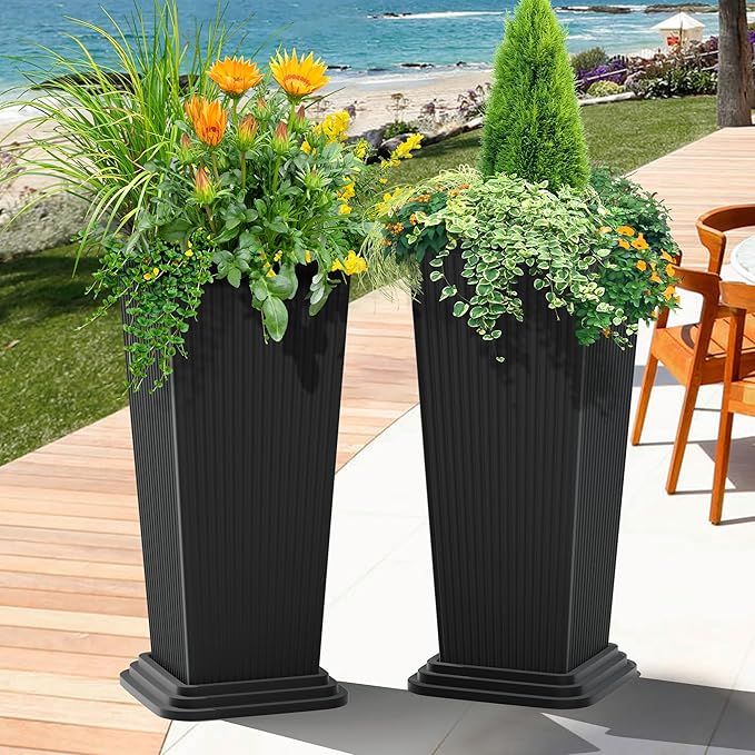 FENCY Set of 2 Tall Planters for Outdoor Plants, 24 Inch Large Tapered Pots with Drainage Trays, Weather-Resistant Plastic Plant Containers for Patio, Porch, Garden, Front Door Decor,Black,Striped