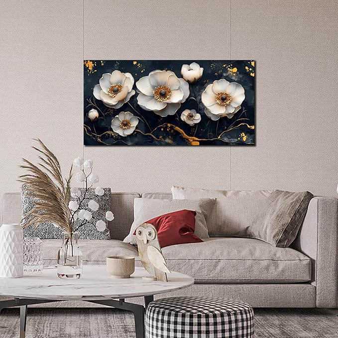 White Flower Wall Canvas Art for Bedroom - Black and White Wall Art for Living Room - Home Office Decor Wall Size 20" x 40"
