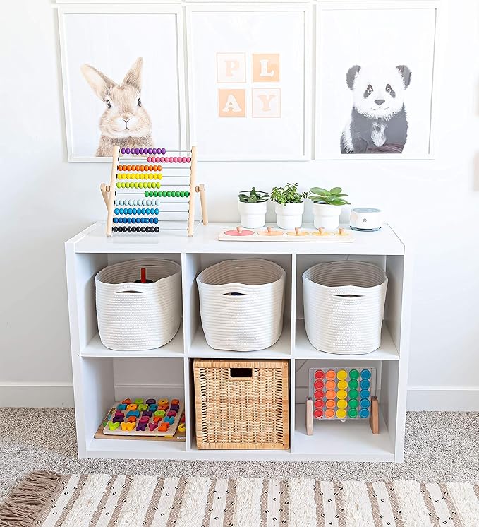 OrganiHaus Set of 3 Woven Storage Baskets for Organizing, Cotton Rope Organizer Bins for Shelves, Closet & Nursery, Dog Toy Basket, Decorative Bins for Toys, Towels & Books - 15x10x9, Off-White