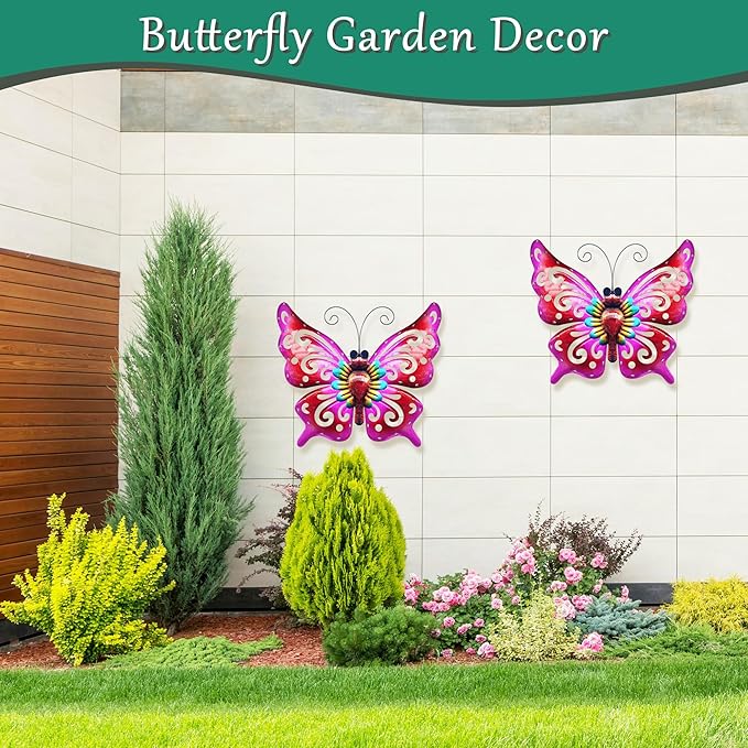 Solar Garden Light, Metal Butterfly Wall Art, 19" Large Hanging Decor for Garden Patio Fences Porch Yard Art Outdoor Wall Decor, Weatherproof Decorative Lighting, Housewarming Wedding Birthday Gift