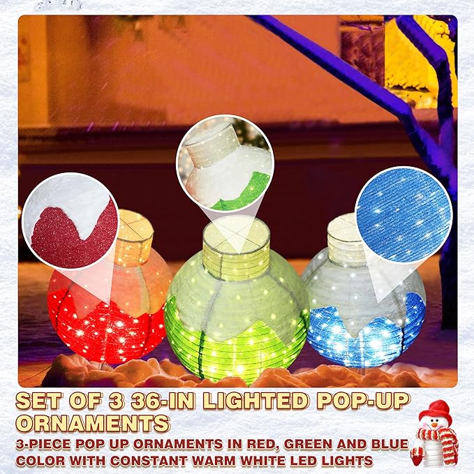 36 Inch Pop-Up Christmas Ball with 90 LED Lights for Outdoor Xmas Decor, 3-Piece Pre-Lit Iridescent Christmas Ball Ornaments Decor with Base, Outdoor 3D Glittered Standing Holiday Display