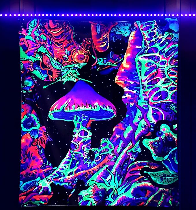 ADDWel Blacklight Mushroom Tapestry, Upright Tapestry Glow In The Dark, UV Reactive Black Light Tapestries Posters Wall Hanging for Backdrop Bedroom Dorm Living Room Decor(70"x90")