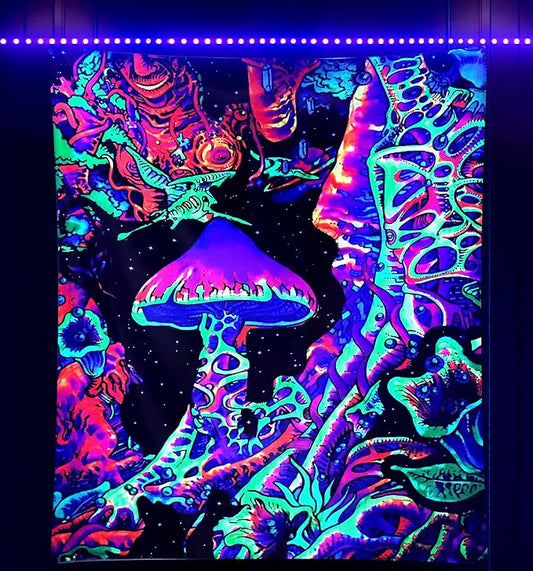 ADDWel Blacklight Mushroom Tapestry, Upright Tapestry Glow In The Dark, UV Reactive Black Light Tapestries Posters Wall Hanging for Backdrop Bedroom Dorm Living Room Decor(70"x90")