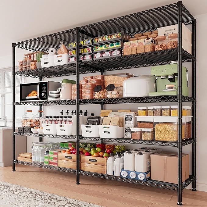 REIBII 1500LBS Storage Shelves Metal Shelving Unit 61.7''W Wire Shelving, 5 Tier Pantry Shelves Kitchen Shelves Adjustable Wire Shelf for Garage Shelving Heavy Duty, 61.7" W*72.4" H*15.8" D