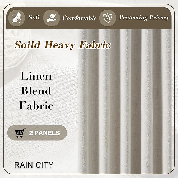 RAIN CITY Natural Birch 70 x 105 2 Panels Extra Wide Linen Blackout Curtains for Track System,Back Tab 70 Inch Wide Pleaetd Drapes with Hooks Room Divider Curtains for Patio Sliding Door Living Room