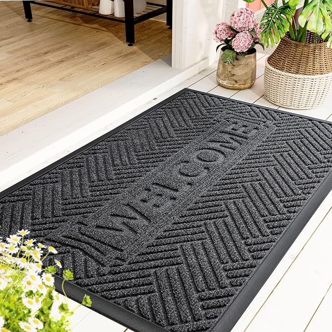 Mibao Front Door Mat Outside Entrance, Durable Outdoor Indoor Mat, Low Profile Heavy Duty Doormat, Non-Slip, Traps Dirt and Moisture, Easy Clean Patio Porch Entryway Mat, 36" x 24", Grey