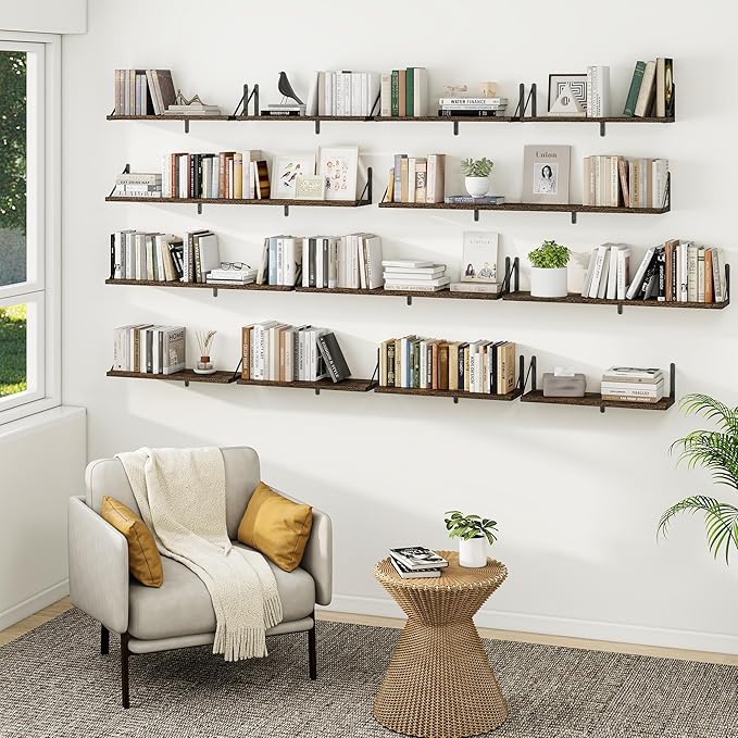 Heimlove 24 Inches Rustic Brown Floating Shelves,8 Inches Deep Wall Bookshelf Mounted Display&Storage Wood Wall Shelves for Kitchen Bathroom Laundry Living Room,Set of 3
