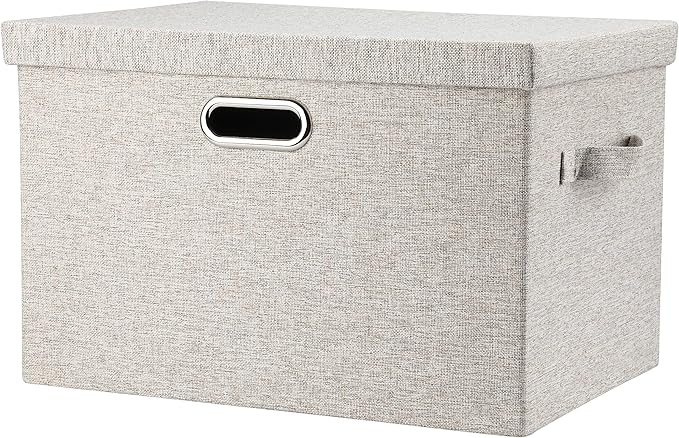 Large 17 36 Quart Collapsible Stackable Storage Bins with Lids, 1 Pack Beige Foldable Fabric Closet Storage Boxes with Lids, 4 Handles Toy Heavyduty Dark Gray Linen Storage Cube Box