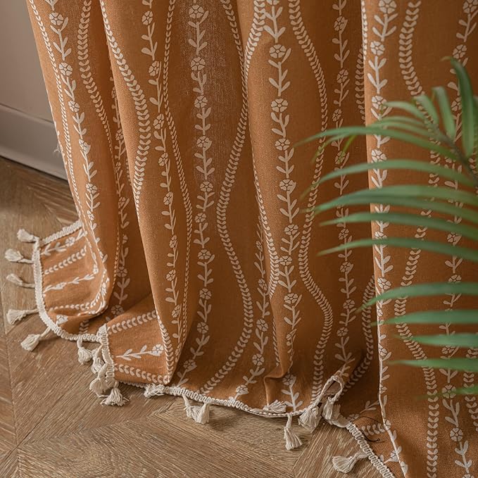 Sutuo Home Boho Curtains 84 Inches Length for Bedroom Living Room, Printed Cotton Linen Rod Pocket Rustic Farmhouse Bohemian Tassels Window Treatment, 1 Panel 59" W x 84" L, Terracotta Stripe Florals
