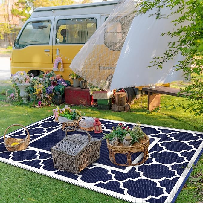 GENIMO 6' x 9' Outdoor Rug Waterproof for Patio Fall Decor, Foldable Reversible Plastic Straw Area Rugs Mat for Camper, Outside Carpet for Rv, Deck, Porch, Picnic, Beach, Balcony, Blue & Grey
