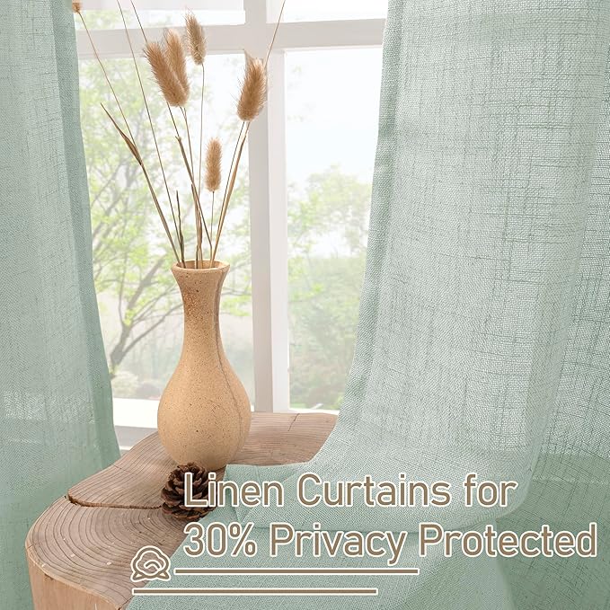 LAMIT Light Sage Linen Curtains 45 Inches Long for Bedroom, Semi Sheer Light Filtering Panels Bronze Grommet Neutral Drapes for Kitchen/Window/Bedroom, 2 Panels Set, 52 x 45 Inch