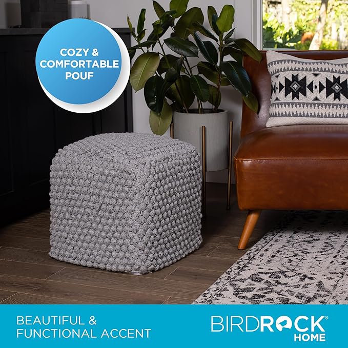 BIRDROCK HOME Buds Pouf Foot Stool Ottoman - Knit Bean Bag Floor Chair - Cotton Braided Cord - Great for The Living Room, Bedroom and Kids Room - Small Furniture (Grey - Buds)