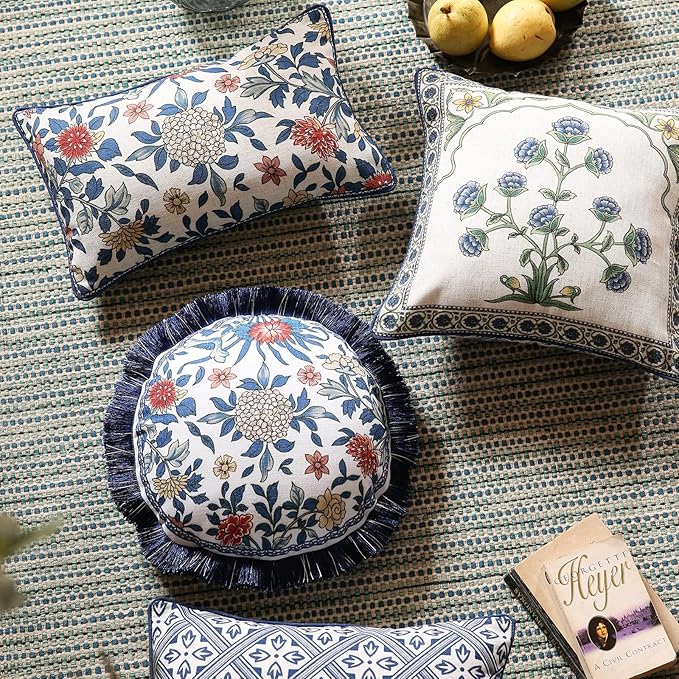 patdrea Designer Floral Linen Throw Pillow Covers,Blue French Cottage Flower Pattern Decorative Pillowcases Cushion for Bed Living Room Outdoor Car,Pack of 4