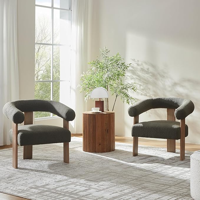 VKNOW Accent Chair Living Room Chair Set of 2, Modern Upholstered Armchair with Solid Wood Legs, Comfy Barrel Arm Chairs for Living Room Bedroom, Sage Green