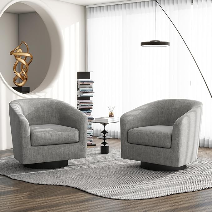 Swivel Barrel Accent Chair Set of 2, Modern Round Linen Arm Chair for Living Room, Bedroom, Comfy Club Reading Chairs for Adults-Linen Fabric Light Grey