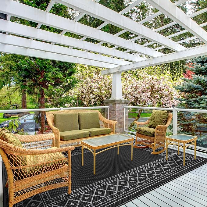GENIMO Outdoor Rug 5'x8' Waterproof for Patio Decor, Reversible Outdoor Plastic Straw Rug Carpet, Camping Mats for Outdoor, RV, Backyard, Deck, Balcony, Picnic, Black & Grey