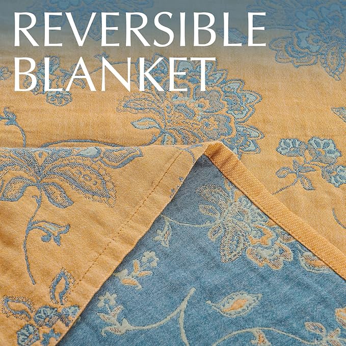 jinchan Boho 100% Cotton Muslin Twin Size 50x60 Inches Blanket Lightweight 4-Layer Quilted Soft Yellow and Blue Floral Throw Blanket Reversible Comfy Flower Breathable All Seasons Couch Bedroom Decor