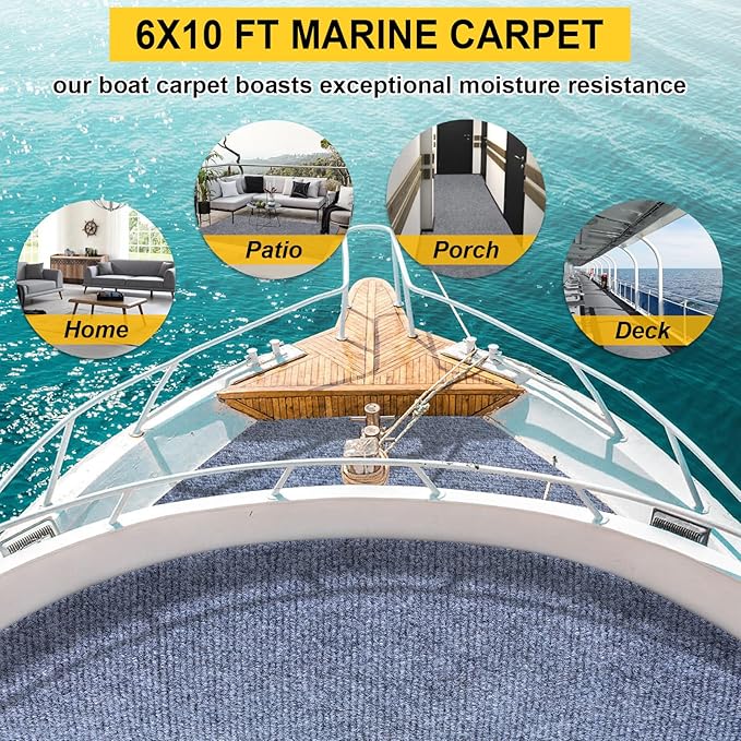 Marine Carpet,6 FT x 10 FT Blue-Gray Indoor Outdoor Carpet 0.2" Thick Boat Carpet with Water-Proof TPE Backing, Non-Slide Outdoor Marine Carpet Roll for Home, Patio, Porch, Deck
