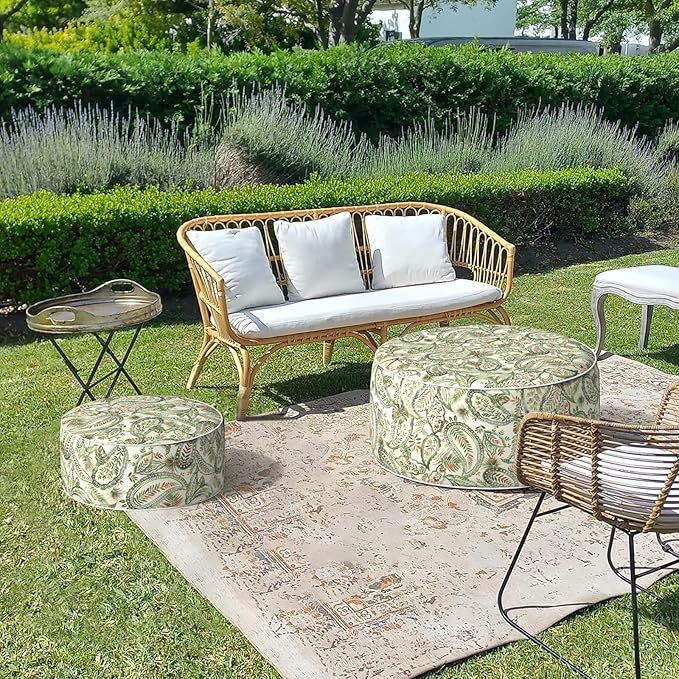 LVTXIII Outdoor Inflatable Ottoman, Fade-Resistant Round Footrest Stool D31”x H14”, Portable Patio Pouf for Garden Camping or Home Use, Faylinn Shadow Paisley