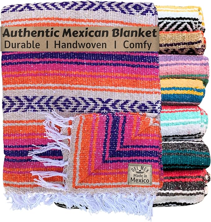 Del Mex Classic Mexican Blanket, Large Authentic Woven Falsa Throw (70"x50"), Artisan Southwest Décor for Beach, Yoga, Outdoors (Pink/Orange)
