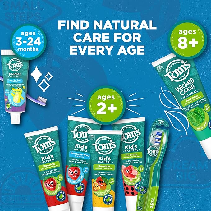 Tom's of Maine ADA Approved Fluoride Kids Toothpaste, Natural Toothpaste, Dye Free, No Artificial Preservatives, Silly Strawberry, 5.1 oz. 3-Pack (Packaging May Vary)