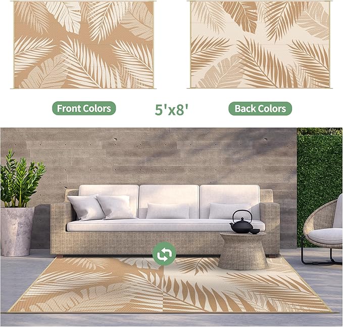 GENIMO Outdoor Rug 5' x 8' Waterproof for Patios Clearance, Reversible, Plastic Straw Camping Rug Carpet, Large Area Rugs Mats for RV, Picnic, Backyard, Deck, Balcony, Porch, Beach, Brown&Beige