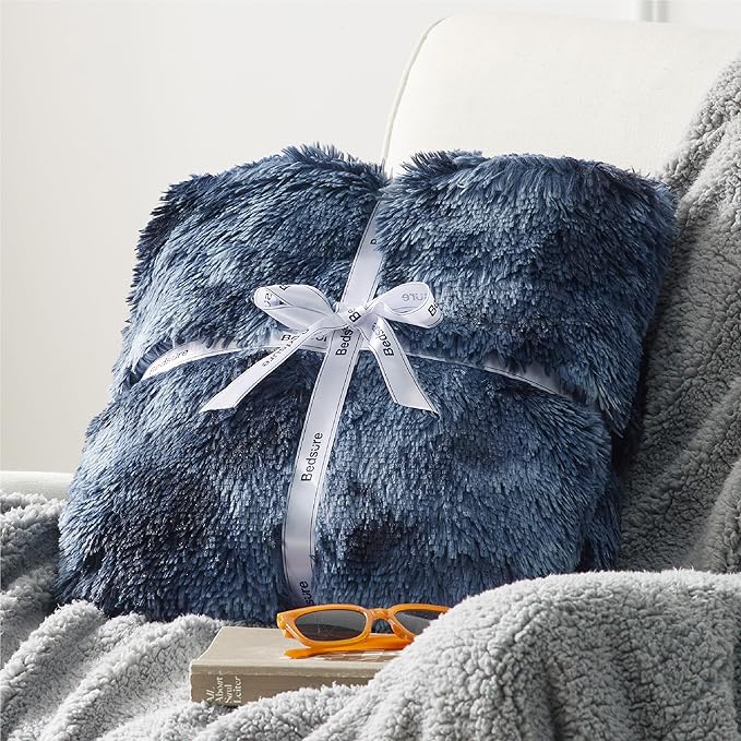 Bedsure GentleSoft Fuzzy Sherpa Faux Fur Twin Blanket Tie Dye Navy Cozy Gifts for Women Men, Soft Fleece Plush Warm Minky Thick Blanket Twin Size for Bed, Blue Room Decor Dorm Essentials Gifts, 60x80