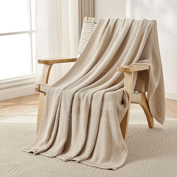 Joydeco Chunky Cable Knit Throw Blanket, Lightweight 100% Organic Cotton Soft Cozy Throw Twin Blanket for Couch Bed and Sofa, Rustic Breathable Farmhouse Blanket Gift for Women Men(Beige, 51"x63")