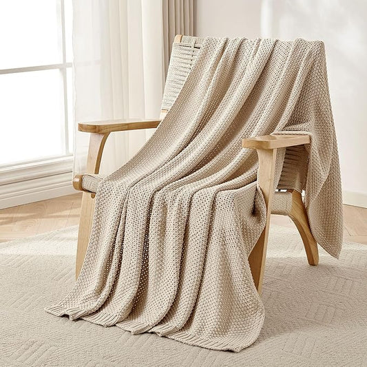 Joydeco Chunky Cable Knit Throw Blanket, Lightweight 100% Organic Cotton Soft Cozy Throw Twin Blanket for Couch Bed and Sofa, Rustic Breathable Farmhouse Blanket Gift for Women Men(Beige, 51"x63")