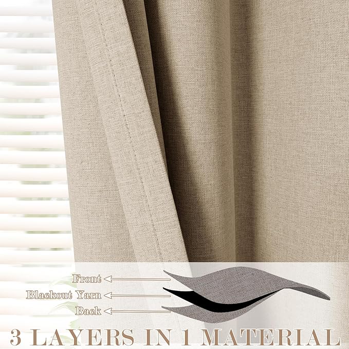 Sand Beige Pinch Pleat 100% Blackout Drapes Linen Blend, Room Divider, Room Darkening, Energy Saving, Furniture Protecting, Light Blocking Extra Wide Privacy Curtains, 200Wx108L, 1 PC