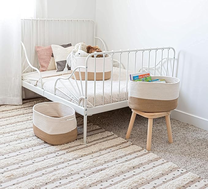 OrganiHaus Set of 3 Woven Storage Baskets for Organizing, Cotton Rope Organizer Bins for Shelves, Closet & Nursery, Dog Toy Basket, Decorative Bins for Toys, Towels & Books - 15x10x9, Honey/Off-White