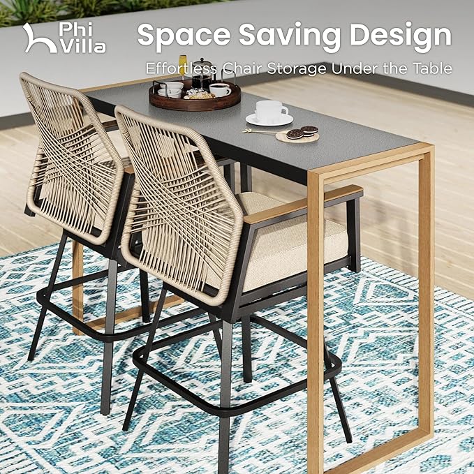 PHI VILLA Outdoor Bar Table for 2-4 Person - 55" W x 40" H Bar Height Patio Bistro Table with Stone Texture Top & Adjustable Non-Scratch Feet for Garden, Backyard, Poolside, Balcony, Patio Dining