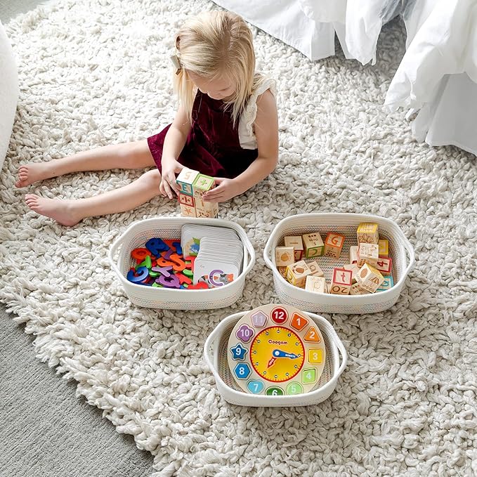 NaturalCozy 5-Piece Rectangle Storage Basket Set- Natural Cotton Rope Woven Baskets for Organizing! Small Basket for Montessori, Baby Nursery, Dog Toy Baskets, Cat Toy Box, Bathroom Organization Bin