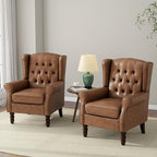 Accent Chair, Upholstered Armchair with Button Tufted High Back & Solid Wood Legs, Comfy Wingback Reading Single Sofa Chair for Small Spaces, Living Room, Bedroom (Leather Brown, Set of 2)