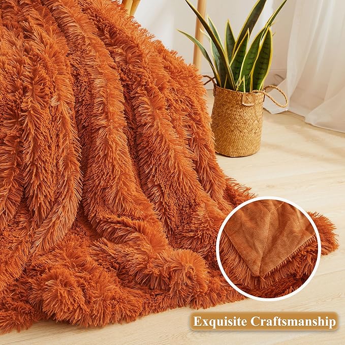 XeGe Luxury Faux Fur Blanket, Burnt Orange Soft Fluffy Bed Throw, Shaggy Plush Big Decorative Couch Throw, Cute Furry Fuzzy Blanket for Sofa Bed, Burnt Orange, 60x90