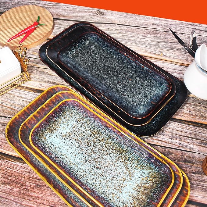 Porcelain Dinner Plates Platters Set of 2, for Fruit, dessert, snack platter, Bread, cupcake, Salad - Microwave, Dishwasher Safe, Scratch Resistant durable, Black Reactive glaze