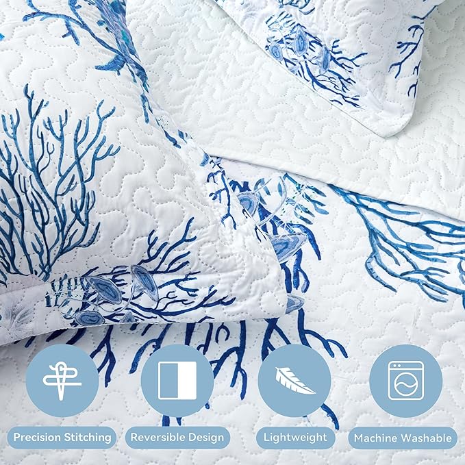 Coastal Bedding Queen Size Coastal Quilt with 2 Shams, Nautical Beach Comforter Sets Ocean Bedspreads Blue Starfish Coverlet Summer Bedding, 90''x96''