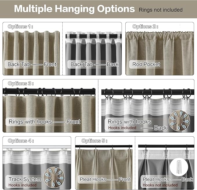 RAIN CITY 102 Inch Long Blackout Curtains for 2 Panels,Energy Efficinet Room Darkening Linen Blend Textured Curtains with Hooks,Track System Black Out Curtains for Living Room Bedroom,2 Panels,Taupe