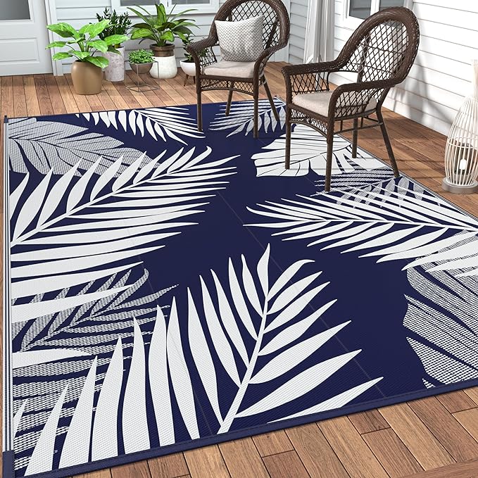 GENIMO Outdoor Rug 9' x 12' Waterproof for Patios Clearance, Reversible Outdoor Plastic Straw Camping Rug Carpet, Large Area Rugs Mats for RV, Camper, Deck, Balcony, Porch, Beach, Navy Blue&White