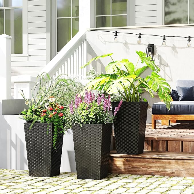 Outsunny Tall Planters for Outdoor Plants Set of 3, 24 in Taper Planters with Drainage Holes, Rattan Decor Plant Pots for Indoor Outdoor Front Porch Patio Backyard, Black