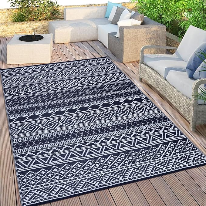 GAOMON Outdoor Rugs Patio Camping Waterproof Rug 6'x9' Plastic Straw Patio Rug Portable for Campers, Outside RVs Mat for Patios Clearance, Backyard Porch, Balcony, Dark Blue/White(Bohemia)